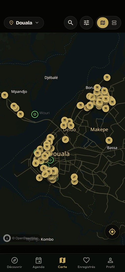 La carte RAYA de Douala, avec les restos, lounges et activités